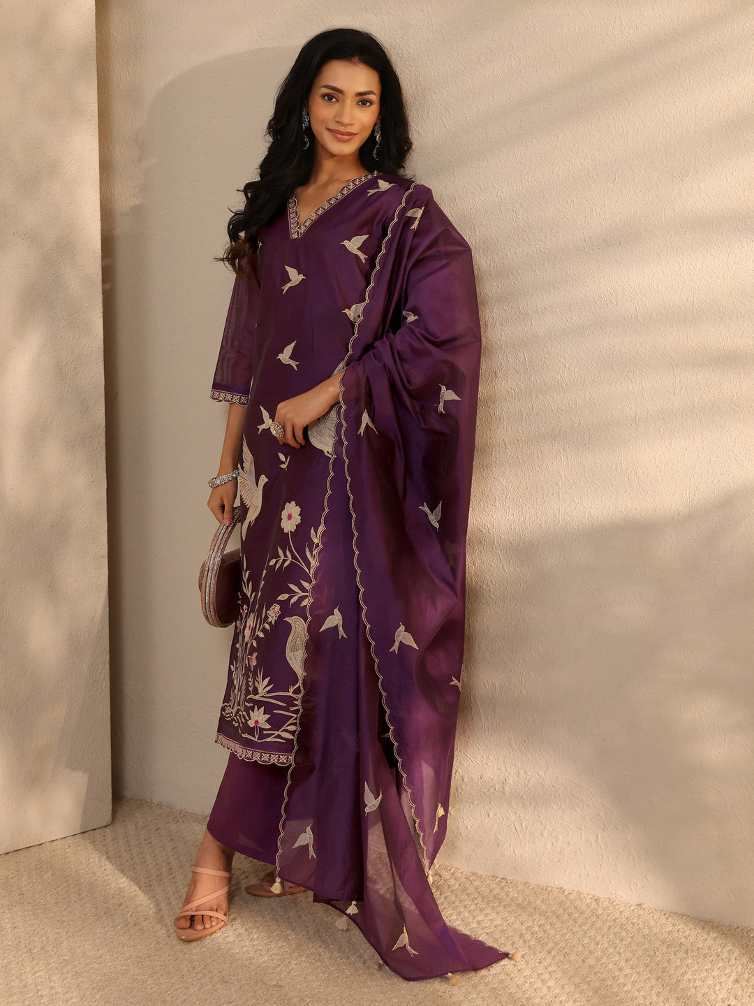 Libas Art Purple Embroidered Silk Blend Straight Suit Set With Dupatta
