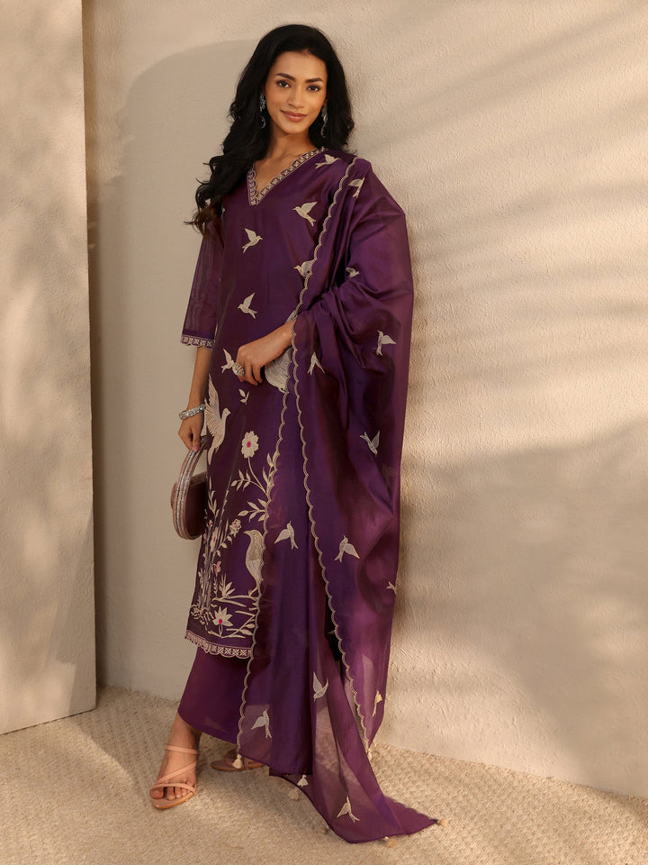 Libas Art Purple Embroidered Silk Blend Straight Suit Set With Dupatta