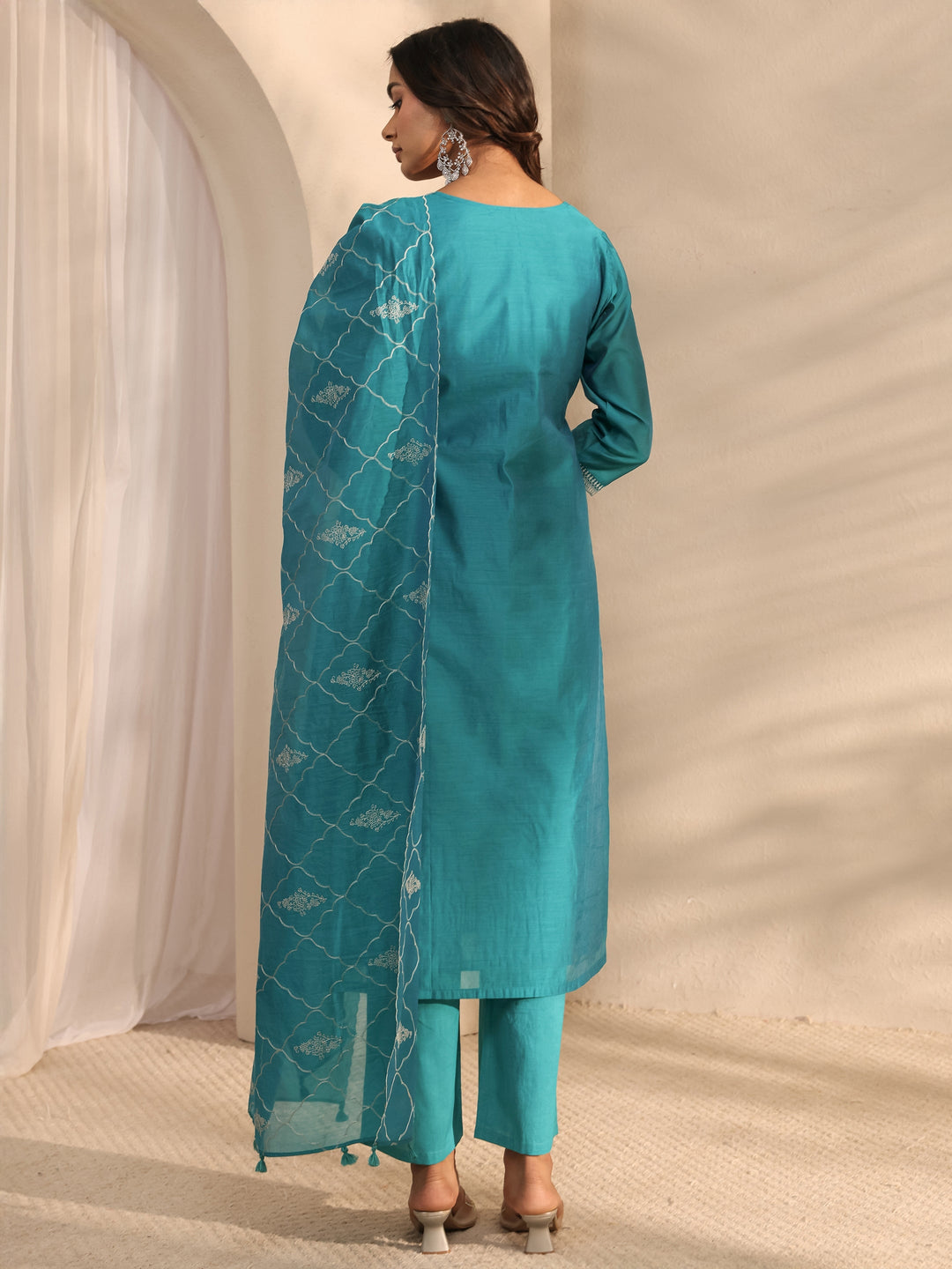 Libas Art Blue Embroidered Silk Blend Straight Suit Set With Dupatta