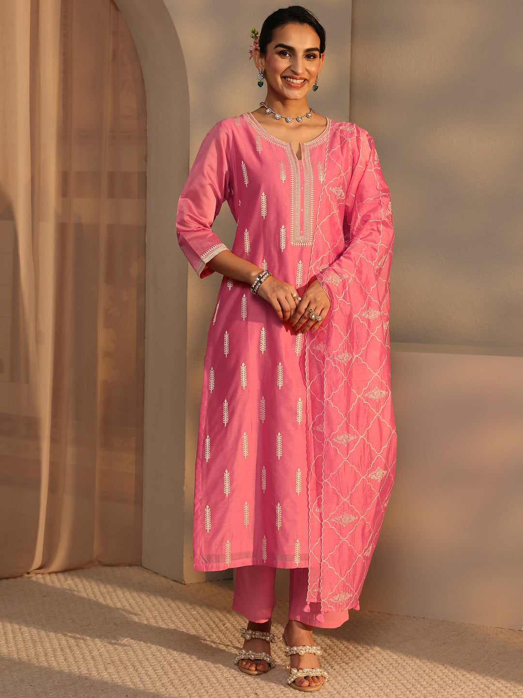 Libas Art Coral Embroidered Silk Blend Straight Suit Set With Dupatta