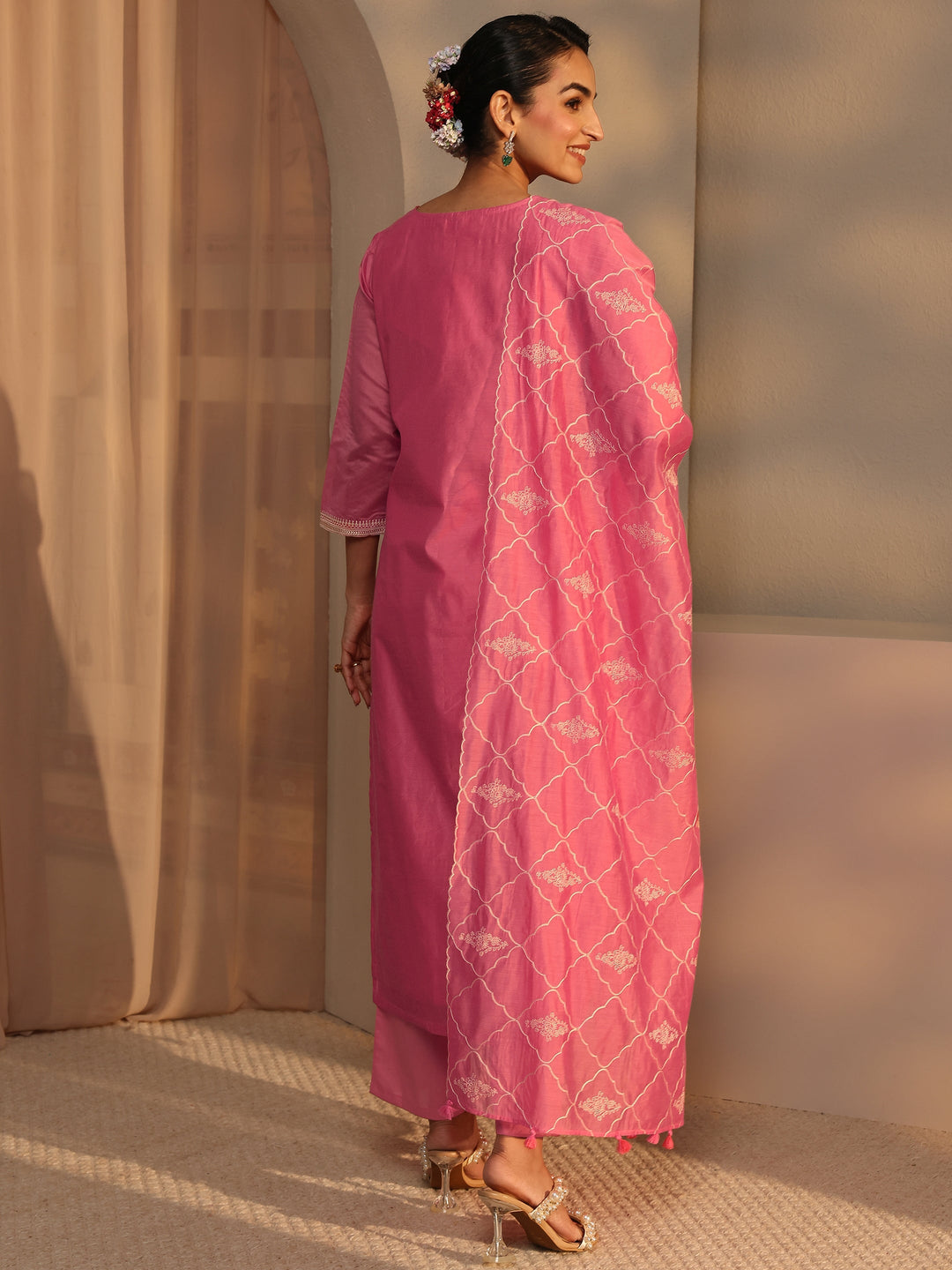 Libas Art Coral Embroidered Silk Blend Straight Suit Set With Dupatta