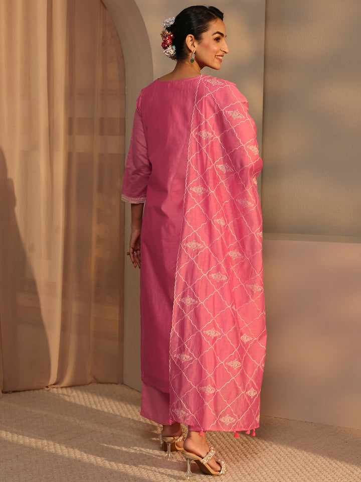 Libas Art Coral Embroidered Silk Blend Straight Suit Set With Dupatta