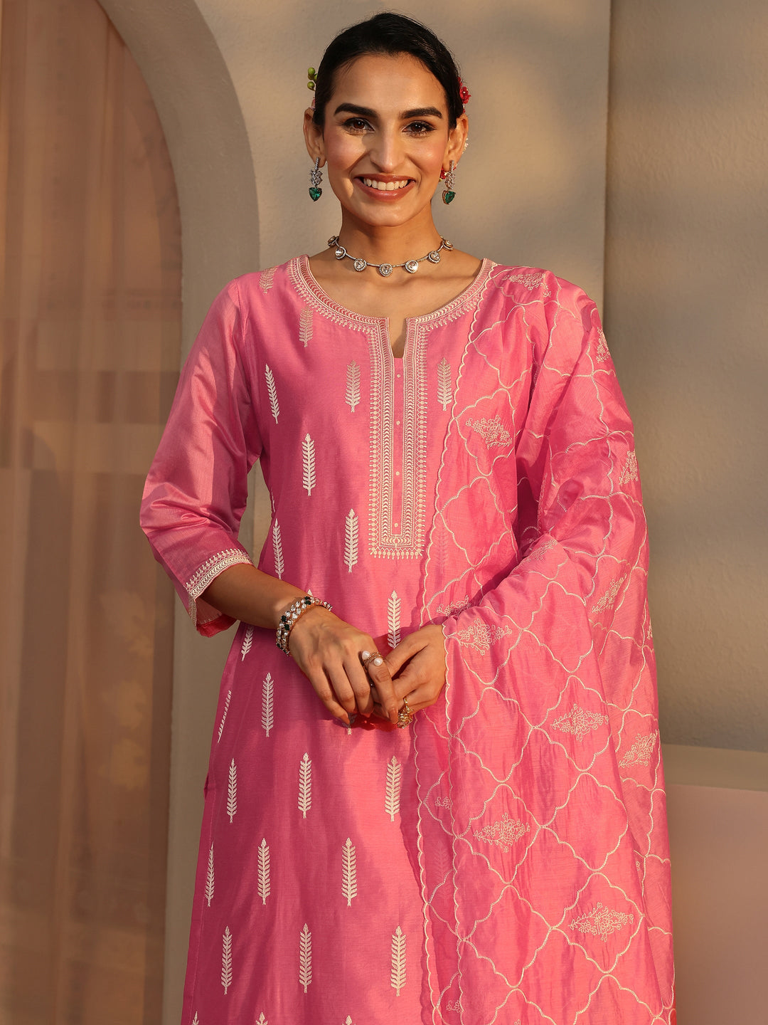 Libas Art Coral Embroidered Silk Blend Straight Suit Set With Dupatta