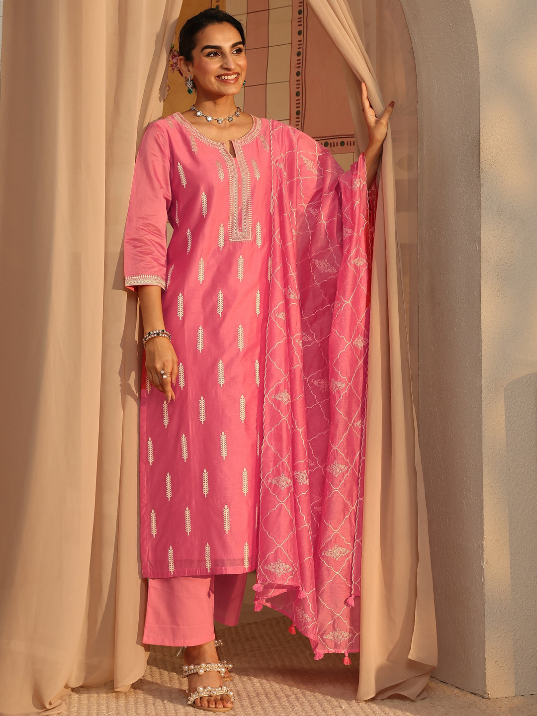 Libas Art Coral Embroidered Silk Blend Straight Suit Set With Dupatta