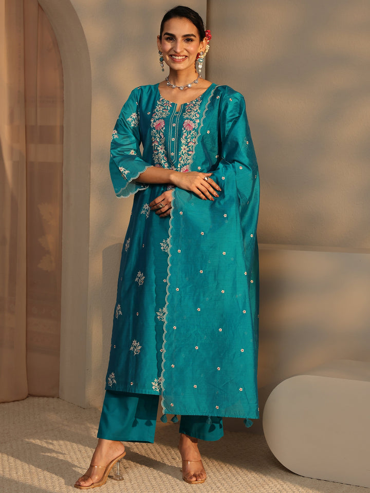 Libas Art Blue Embroidered Silk Blend Straight Suit Set With Dupatta