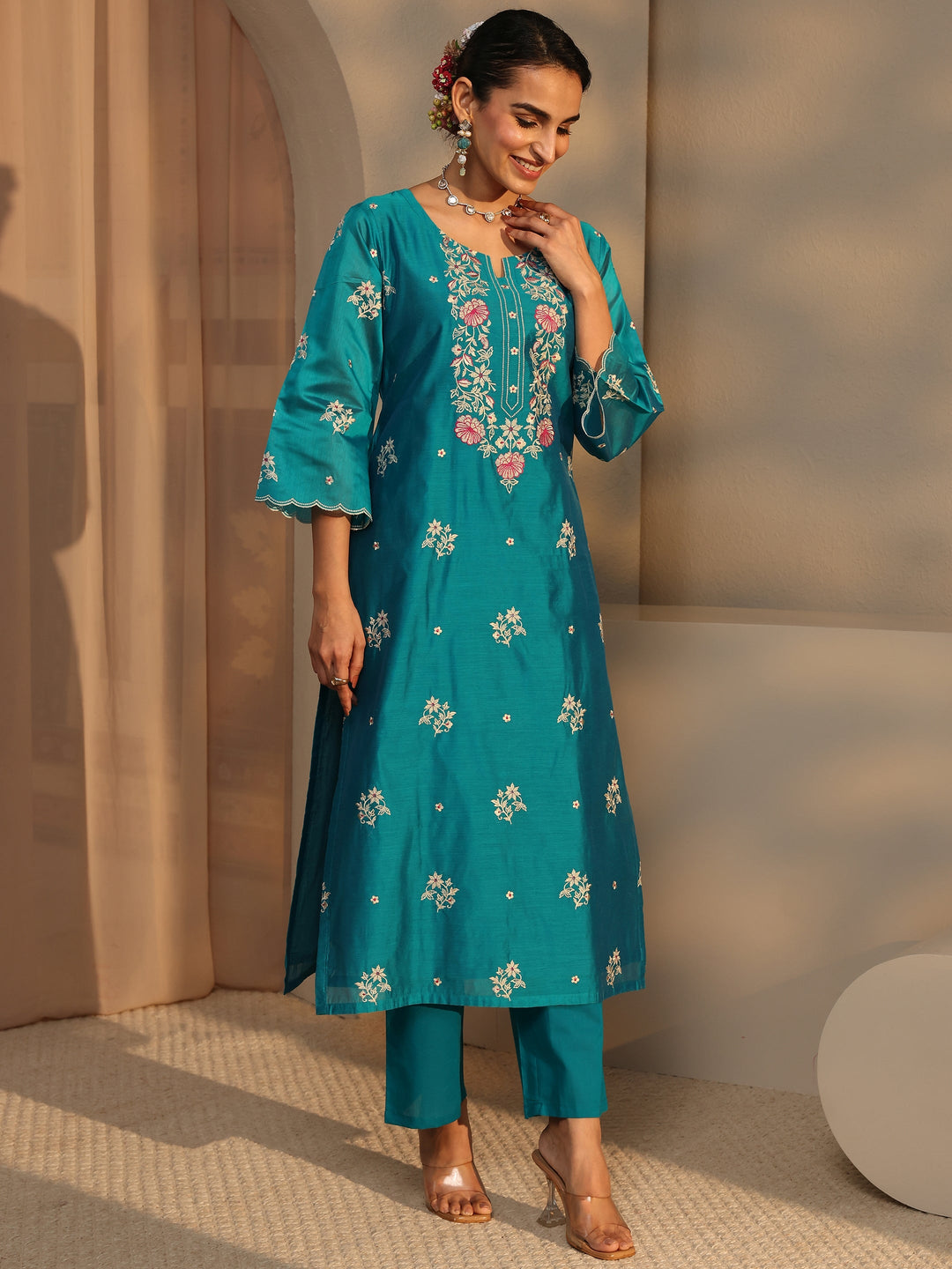 Libas Art Blue Embroidered Silk Blend Straight Suit Set With Dupatta