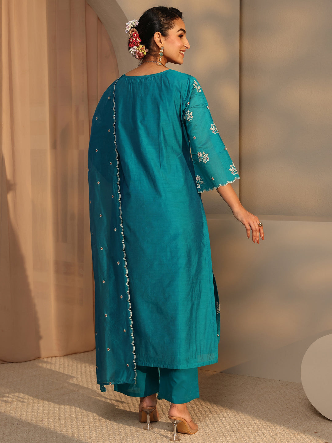 Libas Art Blue Embroidered Silk Blend Straight Suit Set With Dupatta