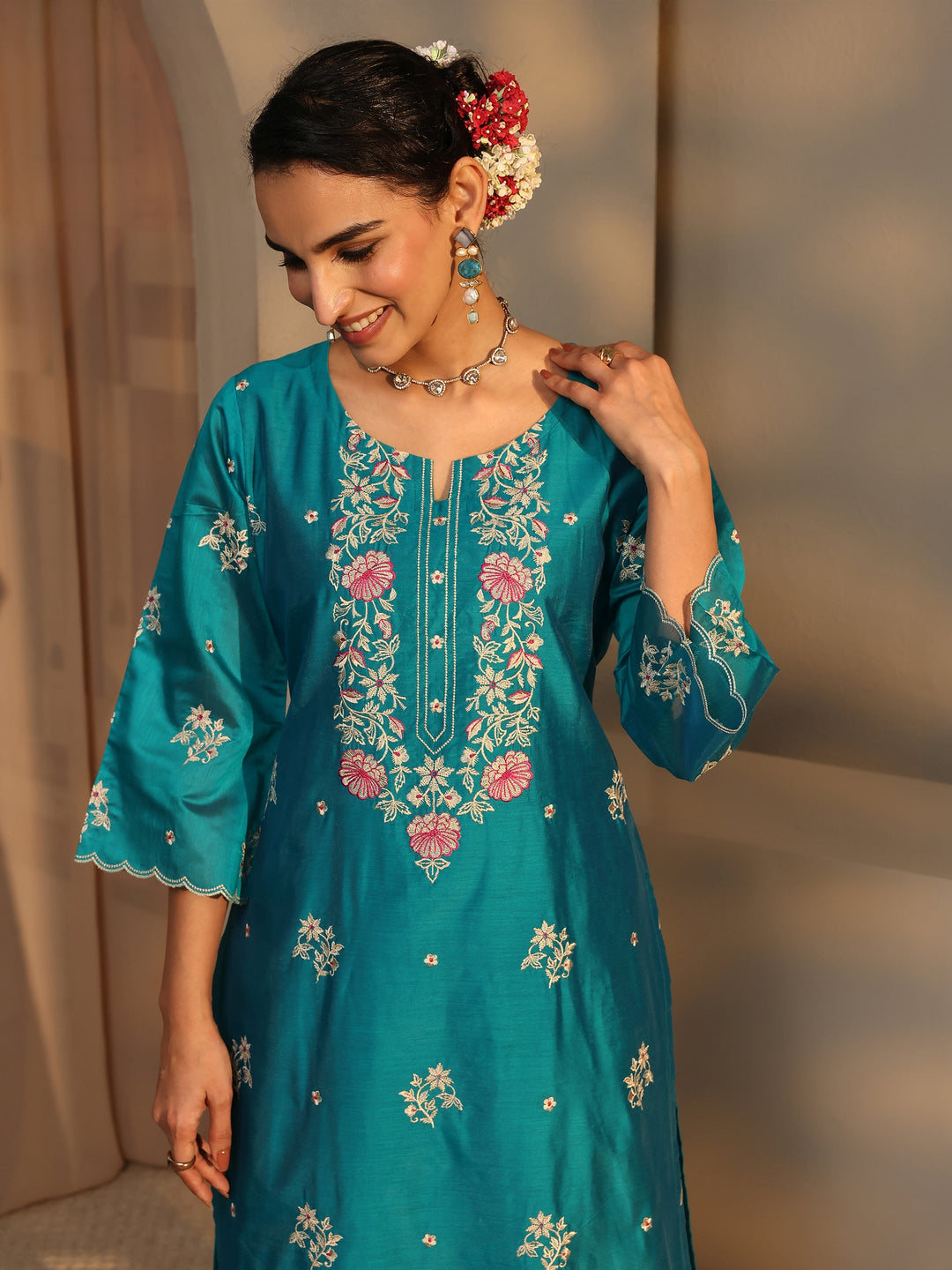 Libas Art Blue Embroidered Silk Blend Straight Suit Set With Dupatta