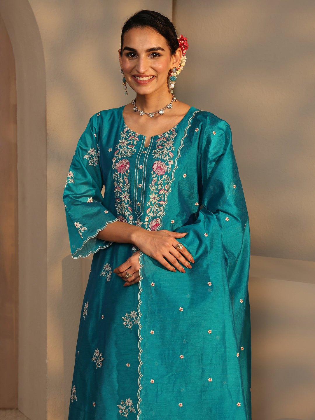Libas Art Blue Embroidered Silk Blend Straight Suit Set With Dupatta