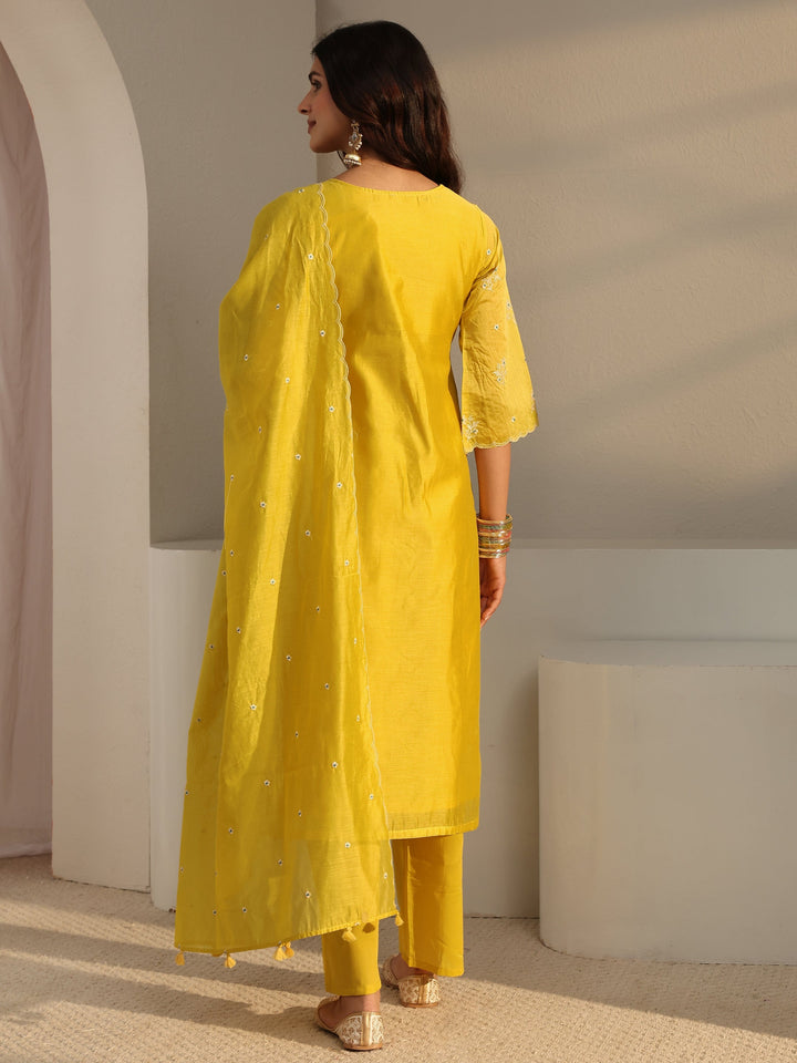 Libas Art Yellow Embroidered Silk Blend Straight Suit Set With Dupatta