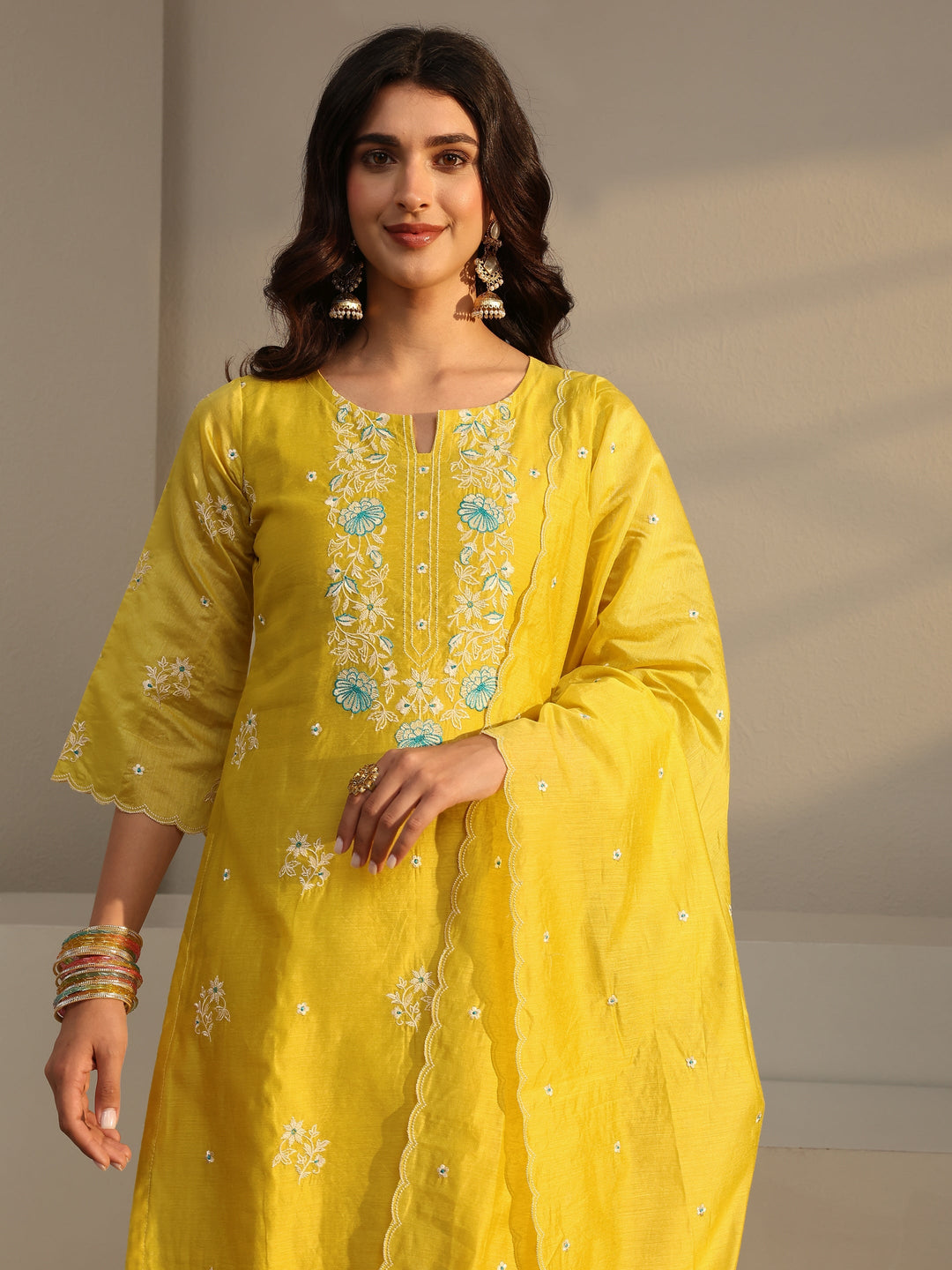 Libas Art Yellow Embroidered Silk Blend Straight Suit Set With Dupatta