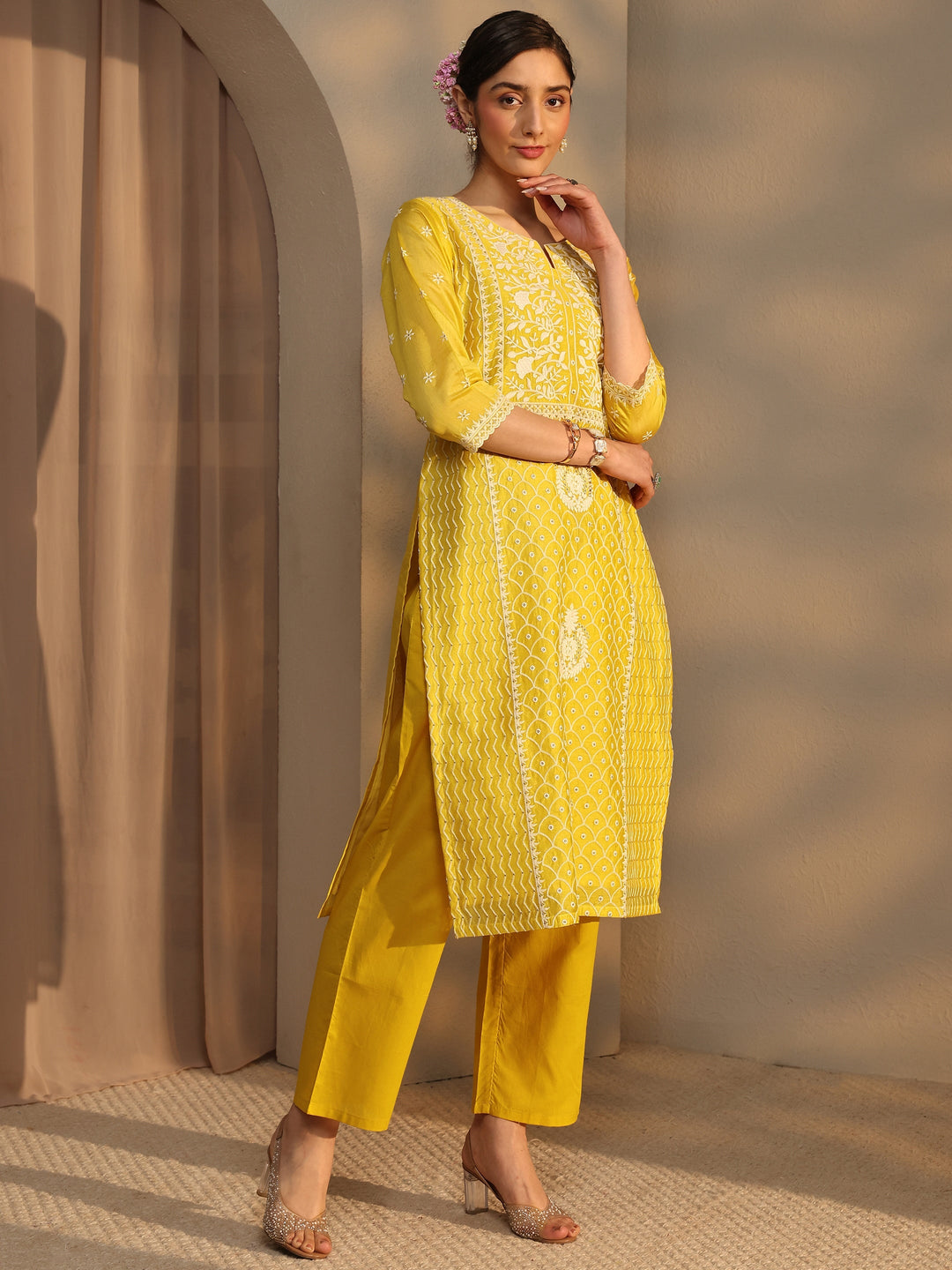Libas Art Yellow Floral Embroidered Silk Blend Straight Suit Set With Dupatta