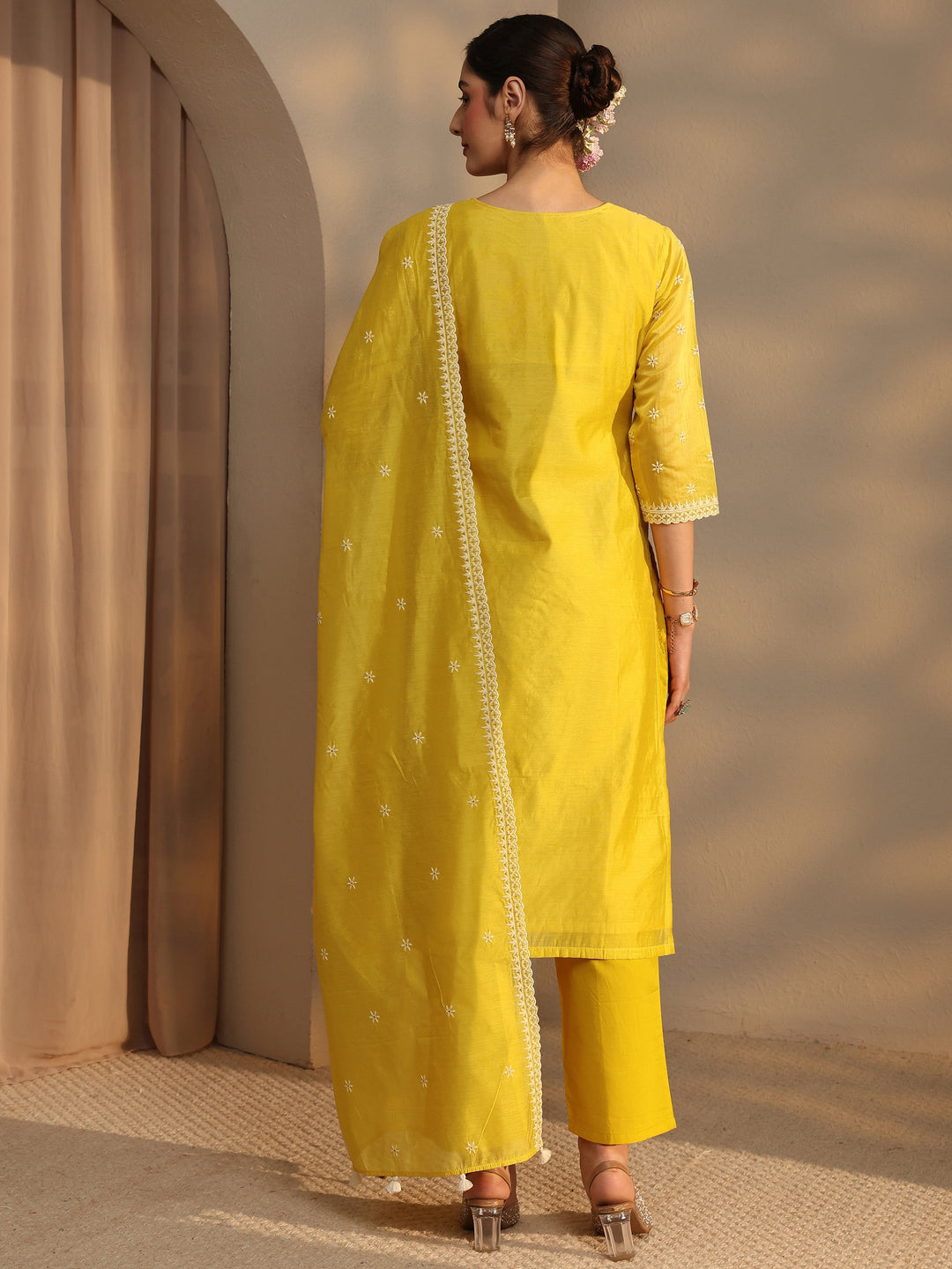 Libas Art Yellow Floral Embroidered Silk Blend Straight Suit Set With Dupatta