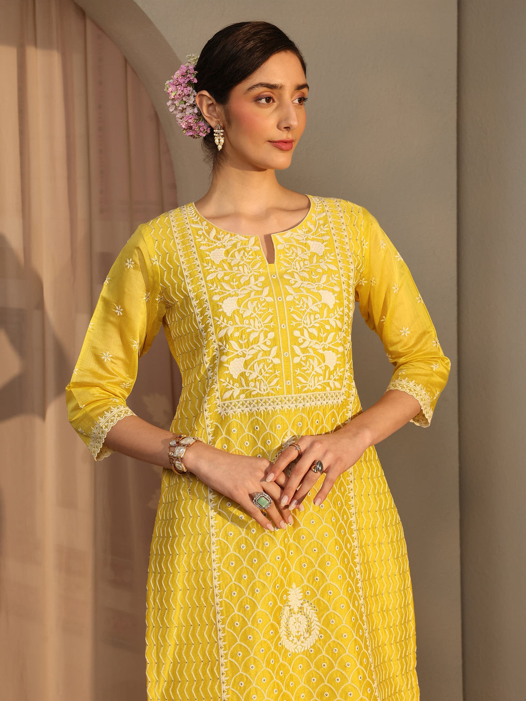 Libas Art Yellow Floral Embroidered Silk Blend Straight Suit Set With Dupatta