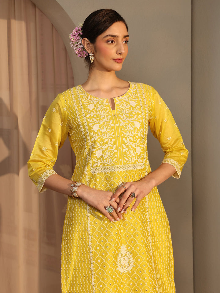 Libas Art Yellow Floral Embroidered Silk Blend Straight Suit Set With Dupatta