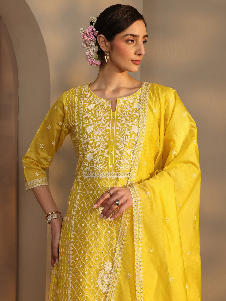 Libas Art Yellow Floral Embroidered Silk Blend Straight Suit Set With Dupatta