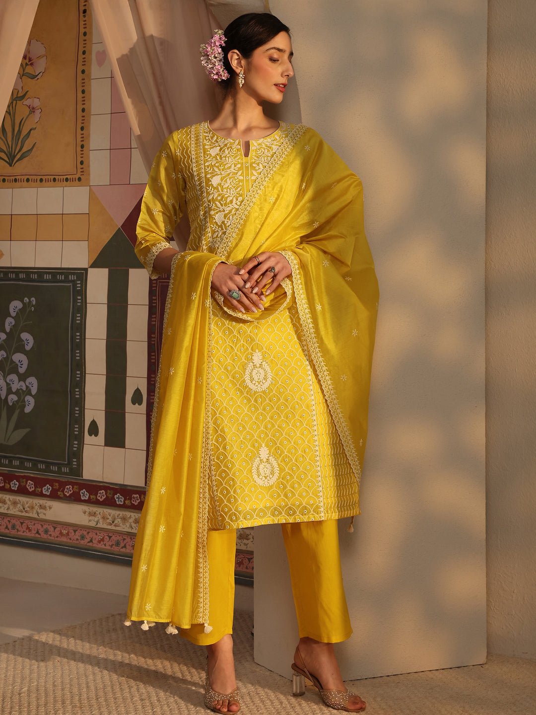 Libas Art Yellow Floral Embroidered Silk Blend Straight Suit Set With Dupatta