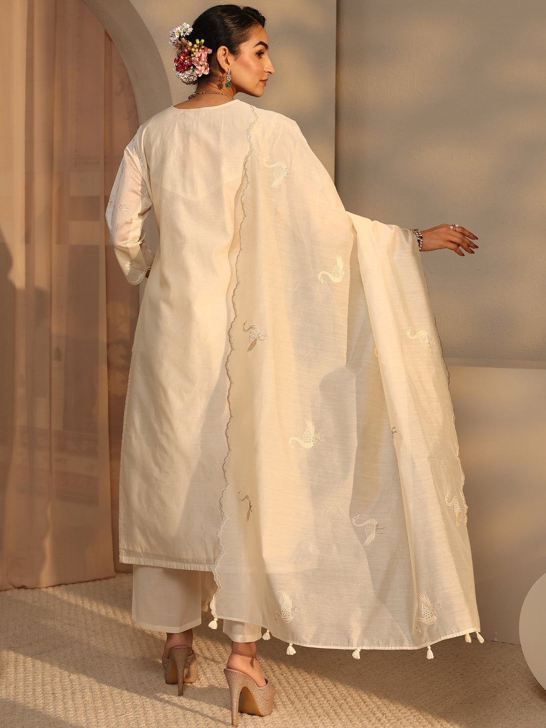 Libas Art Ivory Embroidered Silk Blend Straight Suit Set With Dupatta