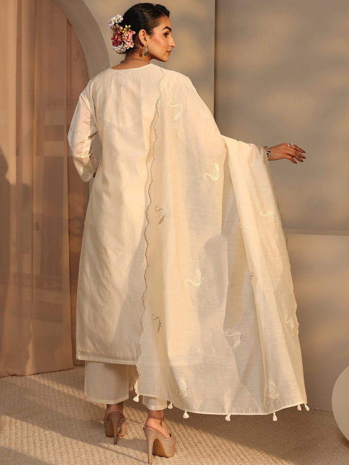 Libas Art Ivory Embroidered Silk Blend Straight Suit Set With Dupatta