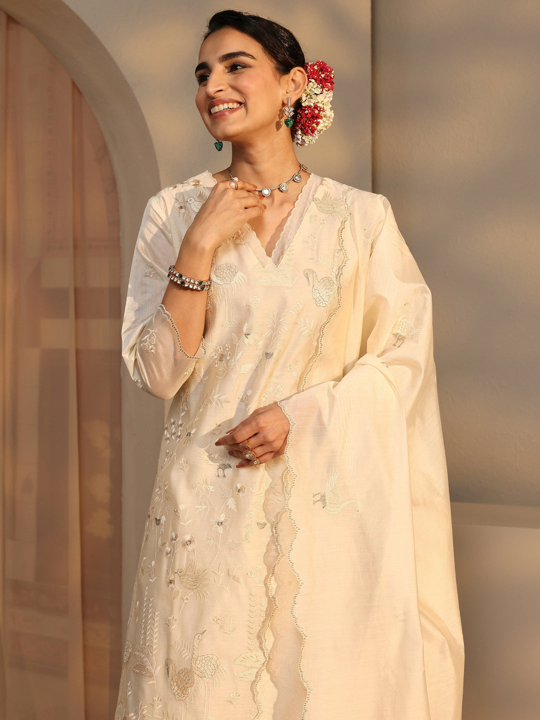 Libas Art Ivory Embroidered Silk Blend Straight Suit Set With Dupatta