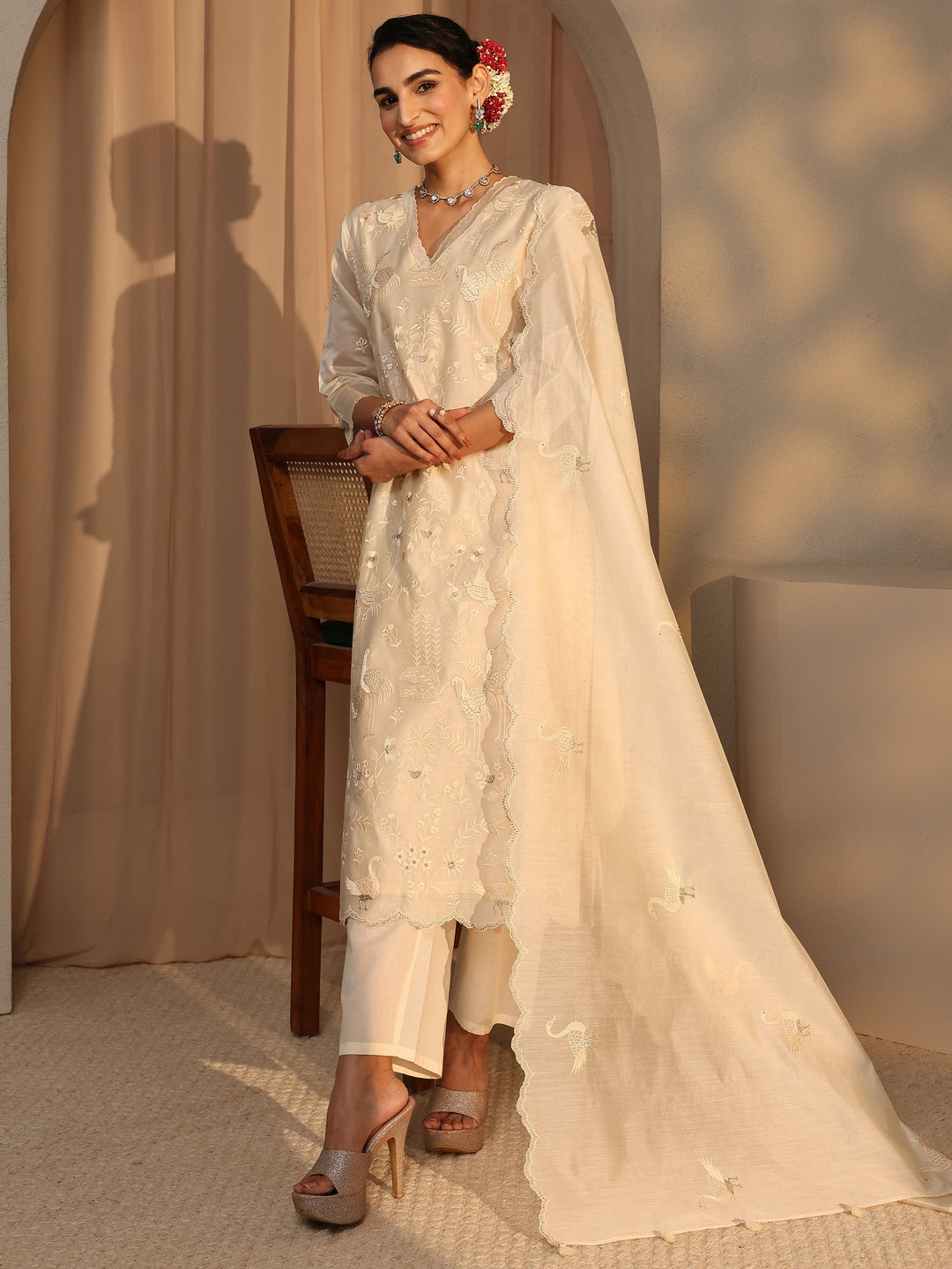 Libas Art Ivory Embroidered Silk Blend Straight Suit Set With Dupatta