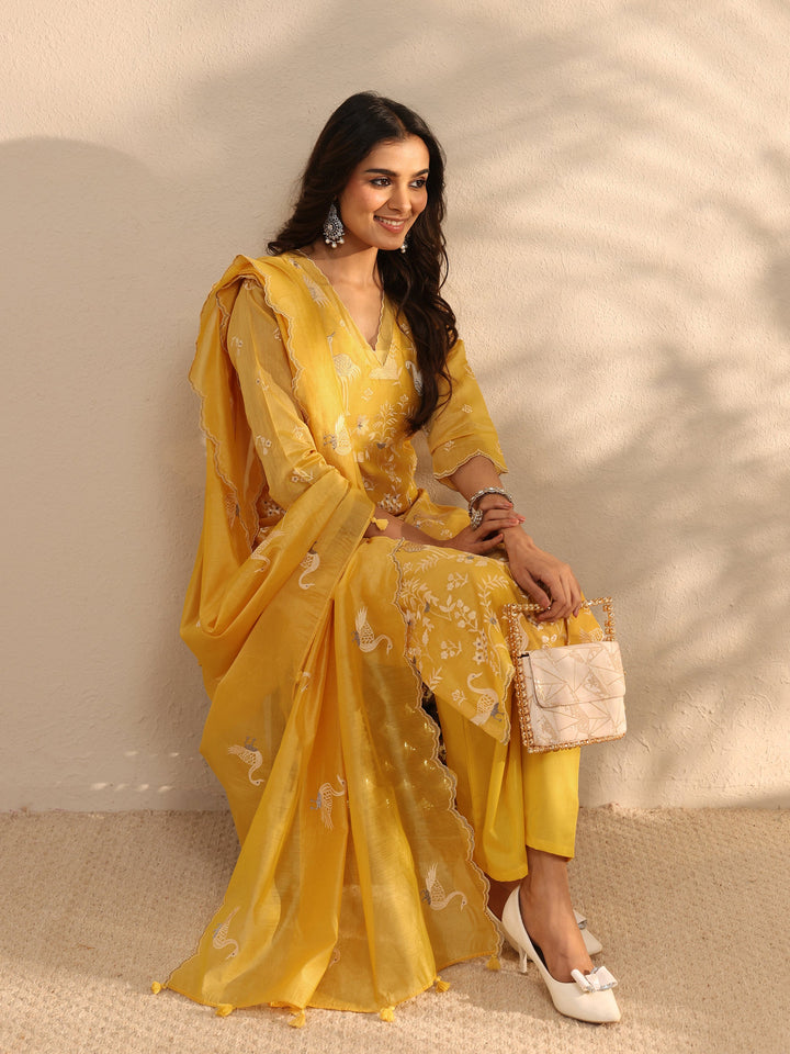 Libas Art Yellow Embroidered Silk Blend Straight Suit Set With Dupatta