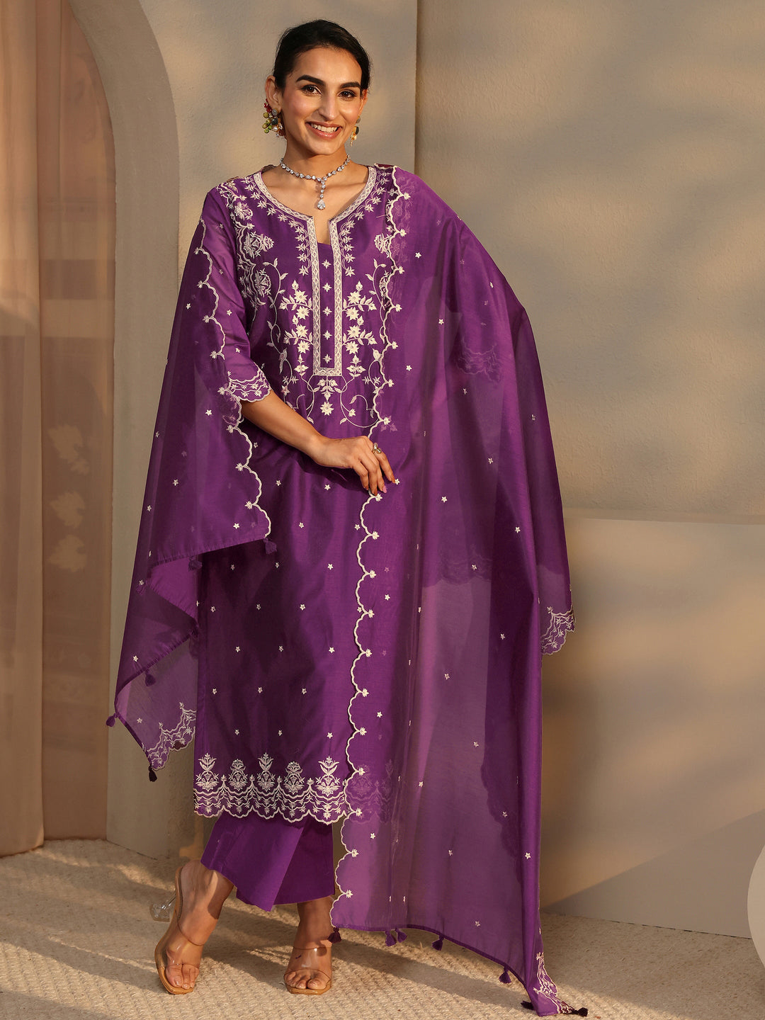 Libas Art Floral Embroidered Silk Blend Straight Suit Set With Dupatta
