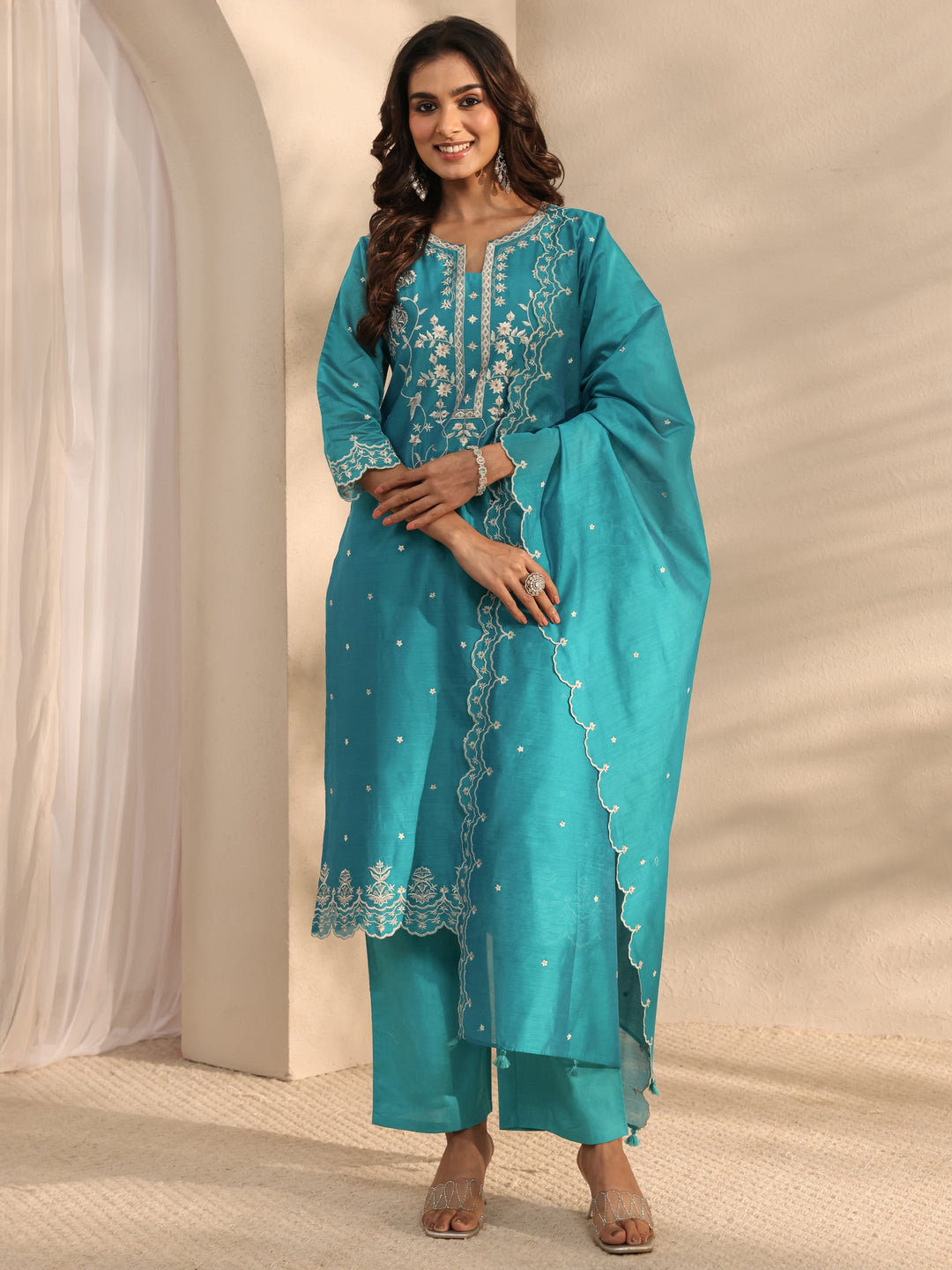 Libas Art Blue Embroidered Silk Blend Straight Suit Set With Dupatta