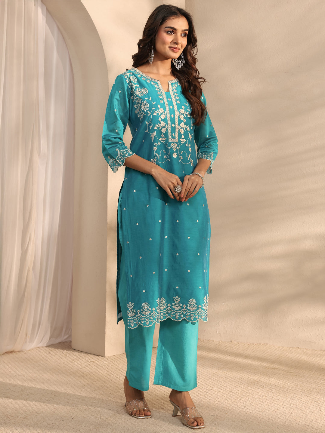 Libas Art Blue Embroidered Silk Blend Straight Suit Set With Dupatta