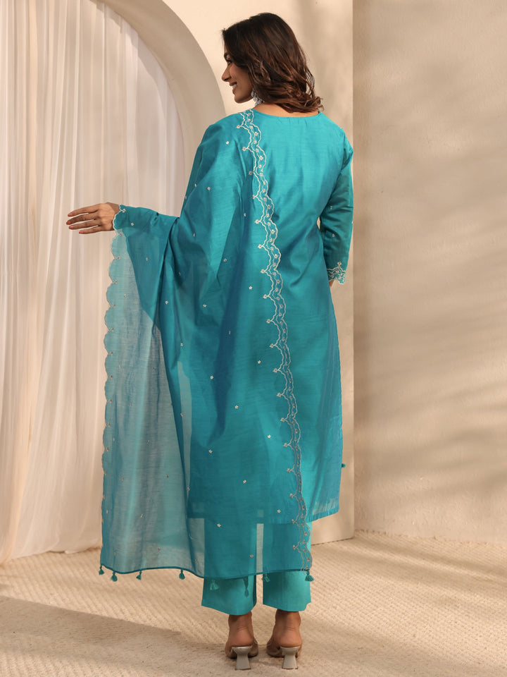 Libas Art Blue Embroidered Silk Blend Straight Suit Set With Dupatta