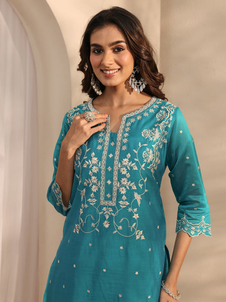 Libas Art Blue Embroidered Silk Blend Straight Suit Set With Dupatta