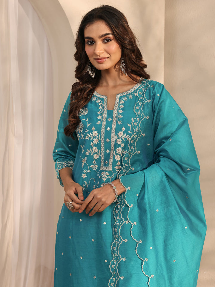 Libas Art Blue Embroidered Silk Blend Straight Suit Set With Dupatta