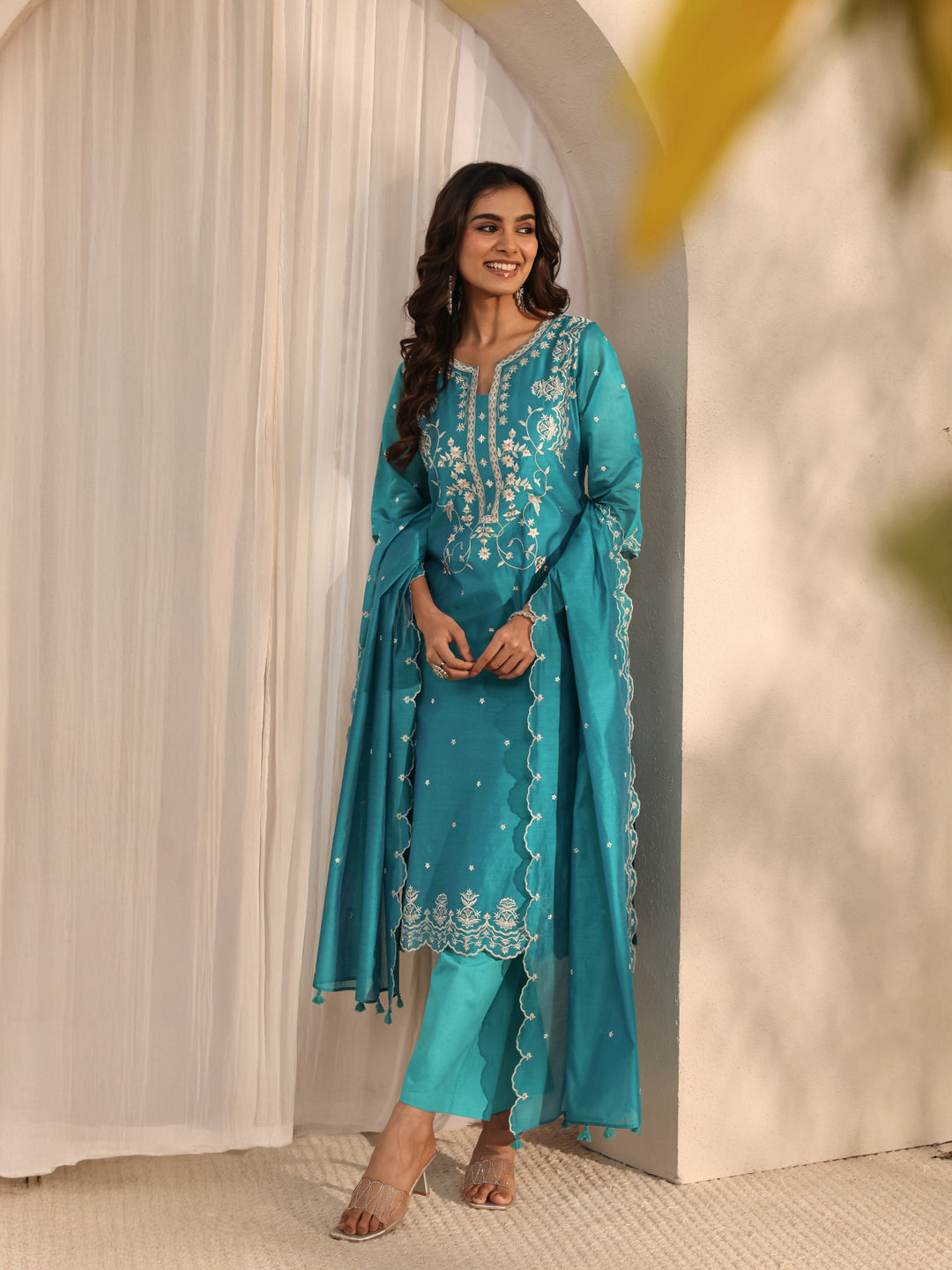 Libas Art Blue Embroidered Silk Blend Straight Suit Set With Dupatta