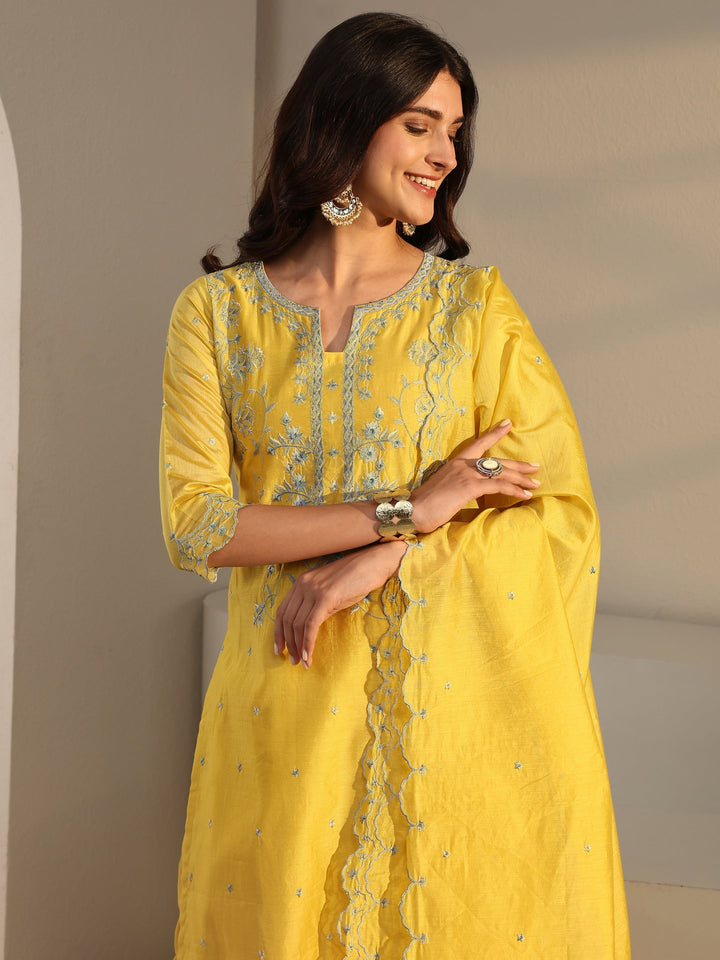 Libas Art Yellow Embroidered Silk Blend Straight Suit Set With Dupatta