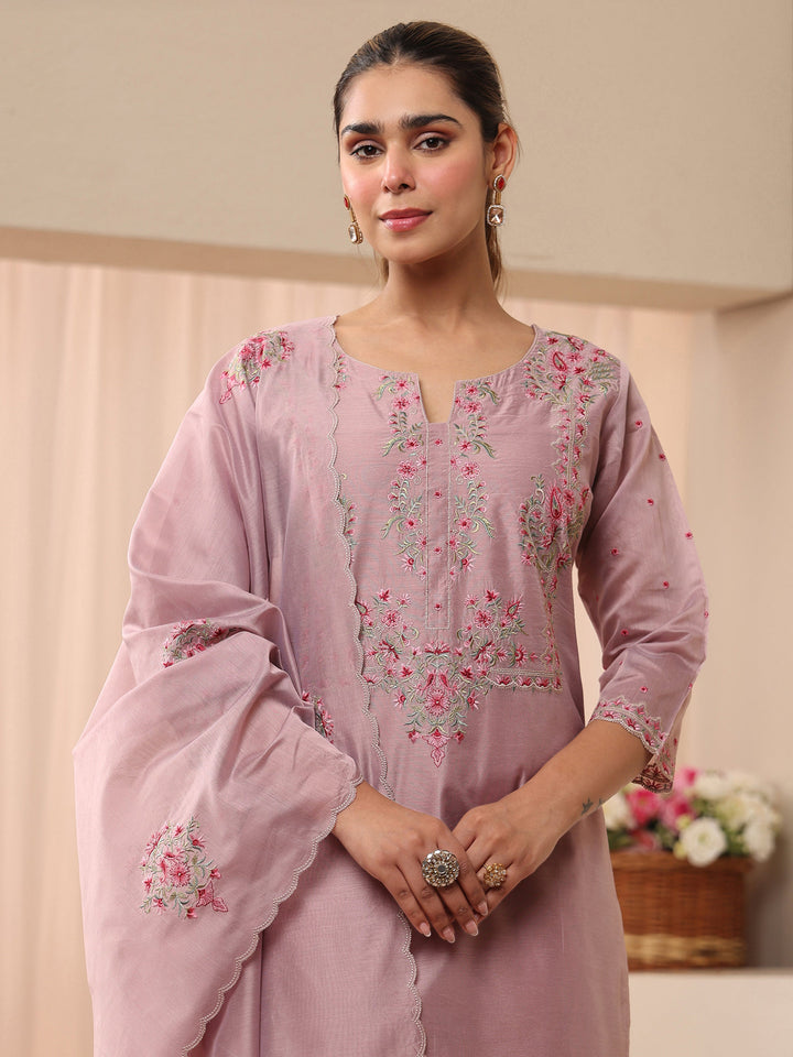 Libas Art Lavender Floral Embroidered Silk Blend Straight Suit Set