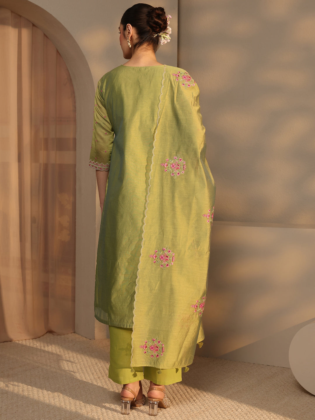 Libas Art Olive Floral Embroidered Silk Blend Straight Suit Set With Dupatta