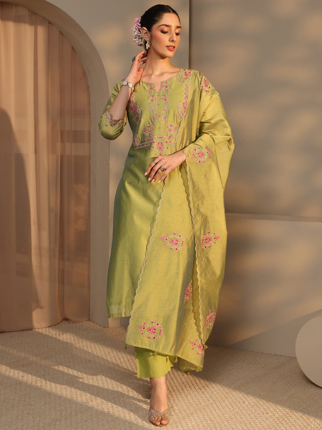 Libas Art Olive Floral Embroidered Silk Blend Straight Suit Set With Dupatta