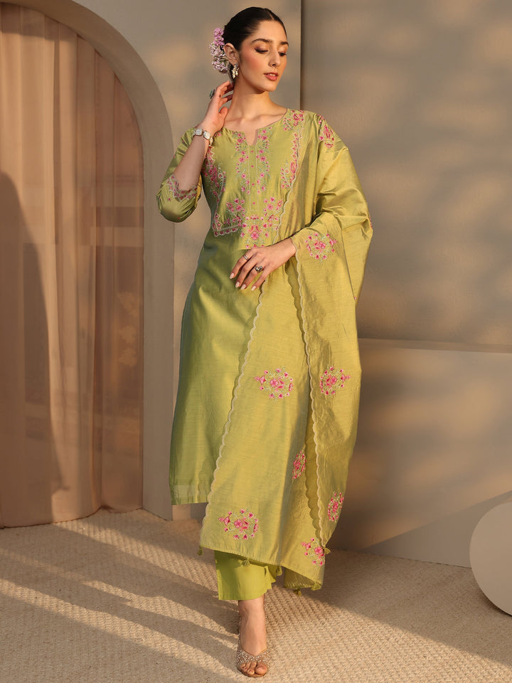 Libas Art Olive Floral Embroidered Silk Blend Straight Suit Set With Dupatta