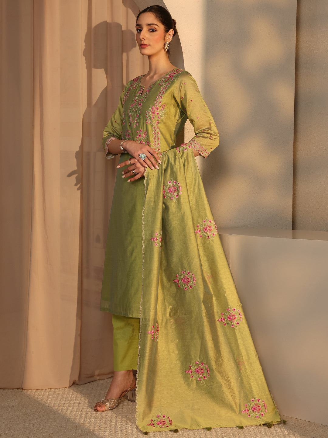 Libas Art Olive Floral Embroidered Silk Blend Straight Suit Set With Dupatta
