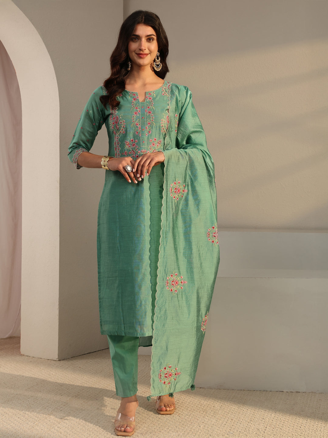 Libas Art Green Embroidered Silk Blend Straight Suit Set With Dupatta