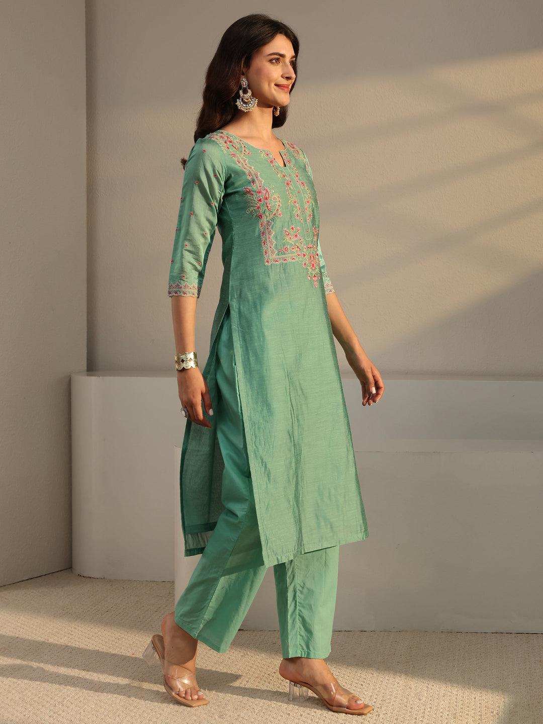 Libas Art Green Embroidered Silk Blend Straight Suit Set With Dupatta