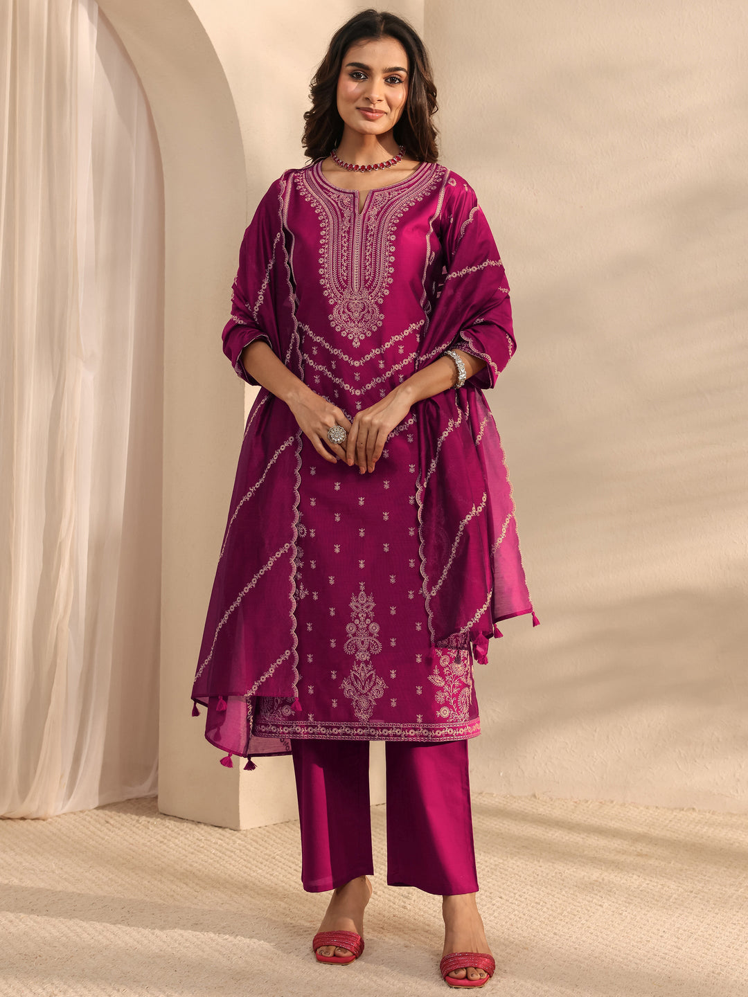 Libas Art Magenta Embroidered Silk Blend Straight Suit Set With Dupatta