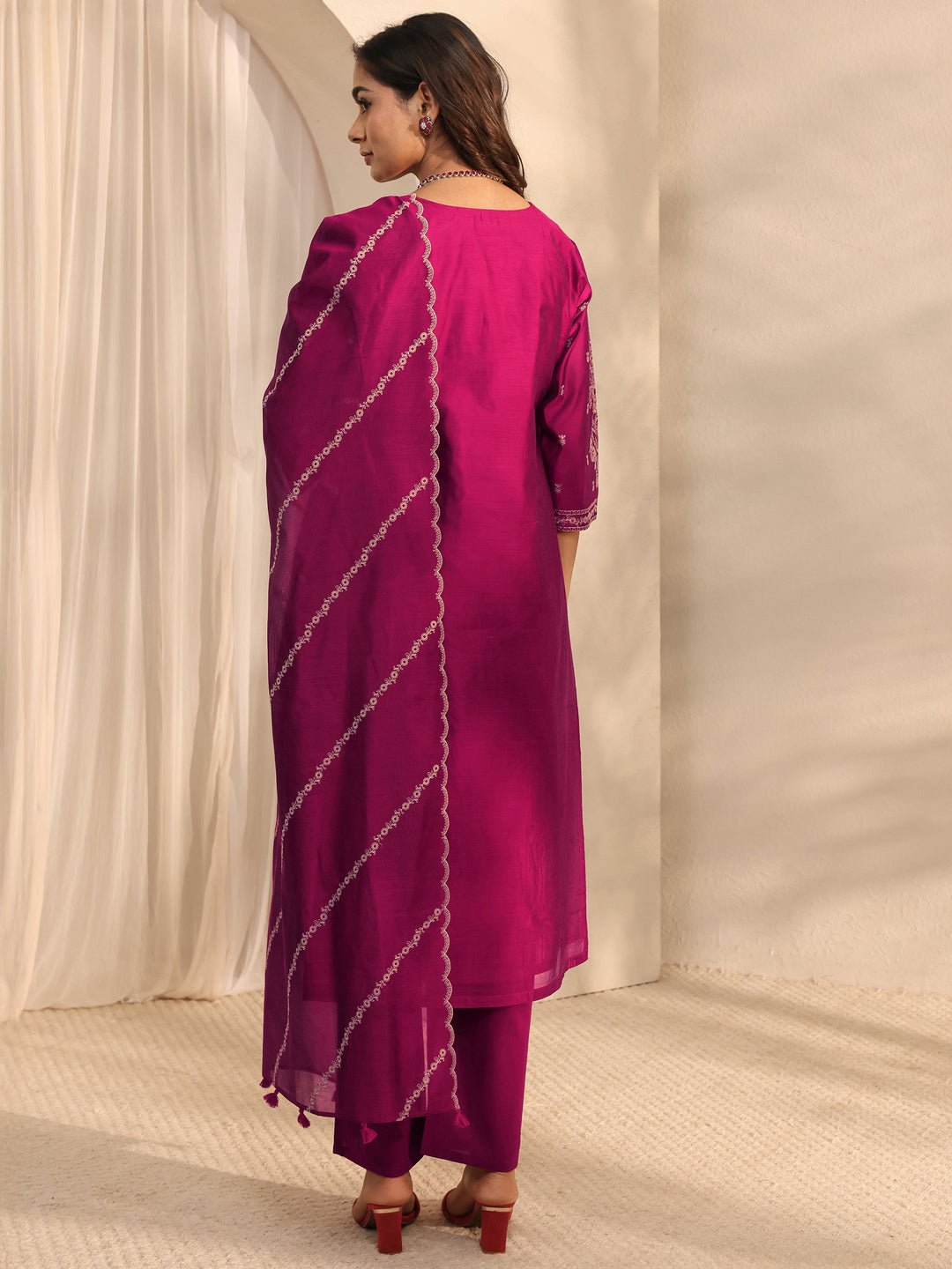 Libas Art Magenta Embroidered Silk Blend Straight Suit Set With Dupatta