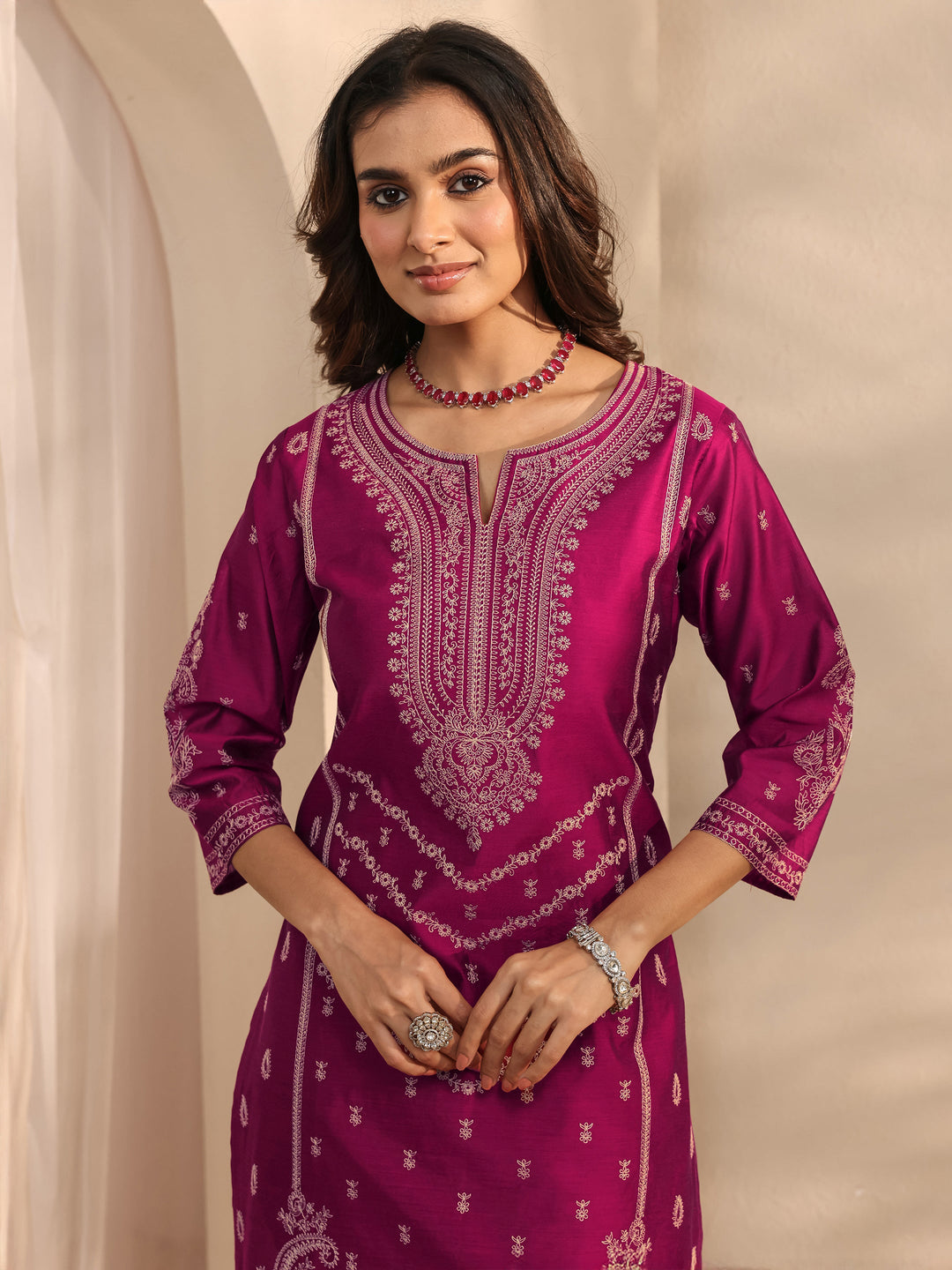 Libas Art Magenta Embroidered Silk Blend Straight Suit Set With Dupatta