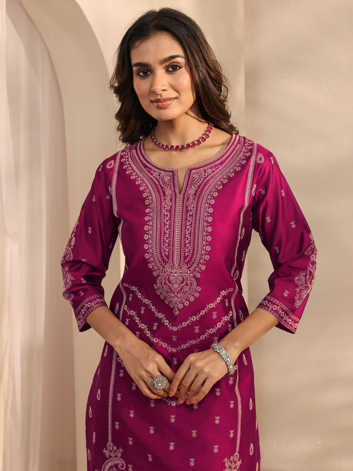 Libas Art Magenta Embroidered Silk Blend Straight Suit Set With Dupatta