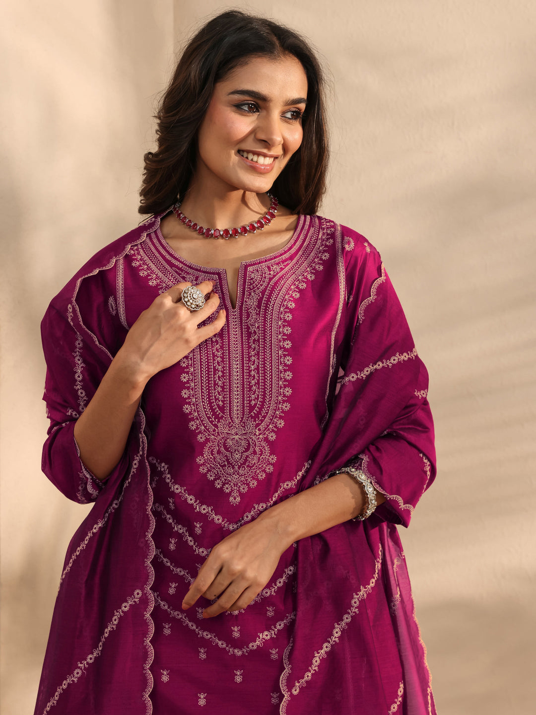 Libas Art Magenta Embroidered Silk Blend Straight Suit Set With Dupatta