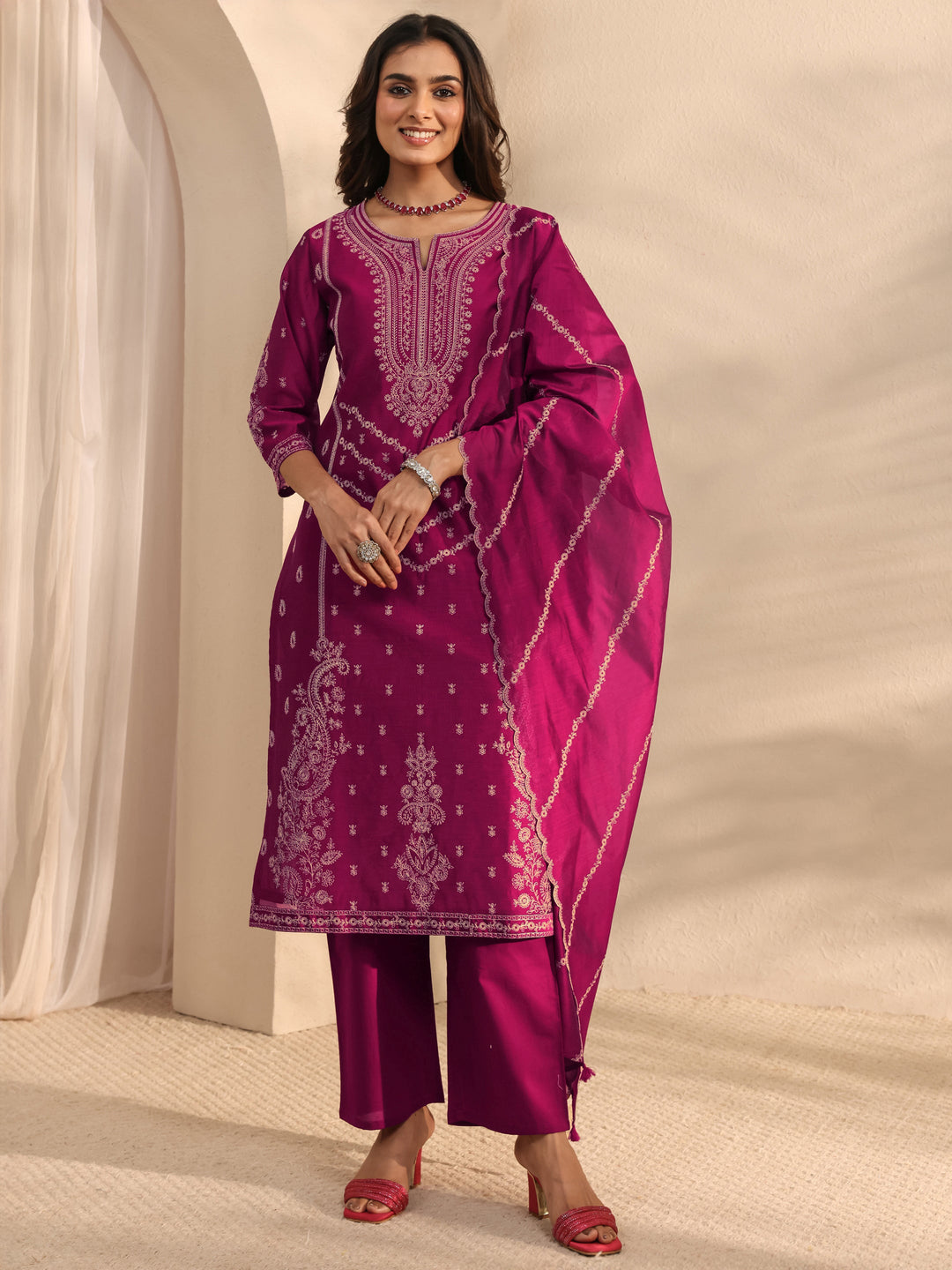 Libas Art Magenta Embroidered Silk Blend Straight Suit Set With Dupatta