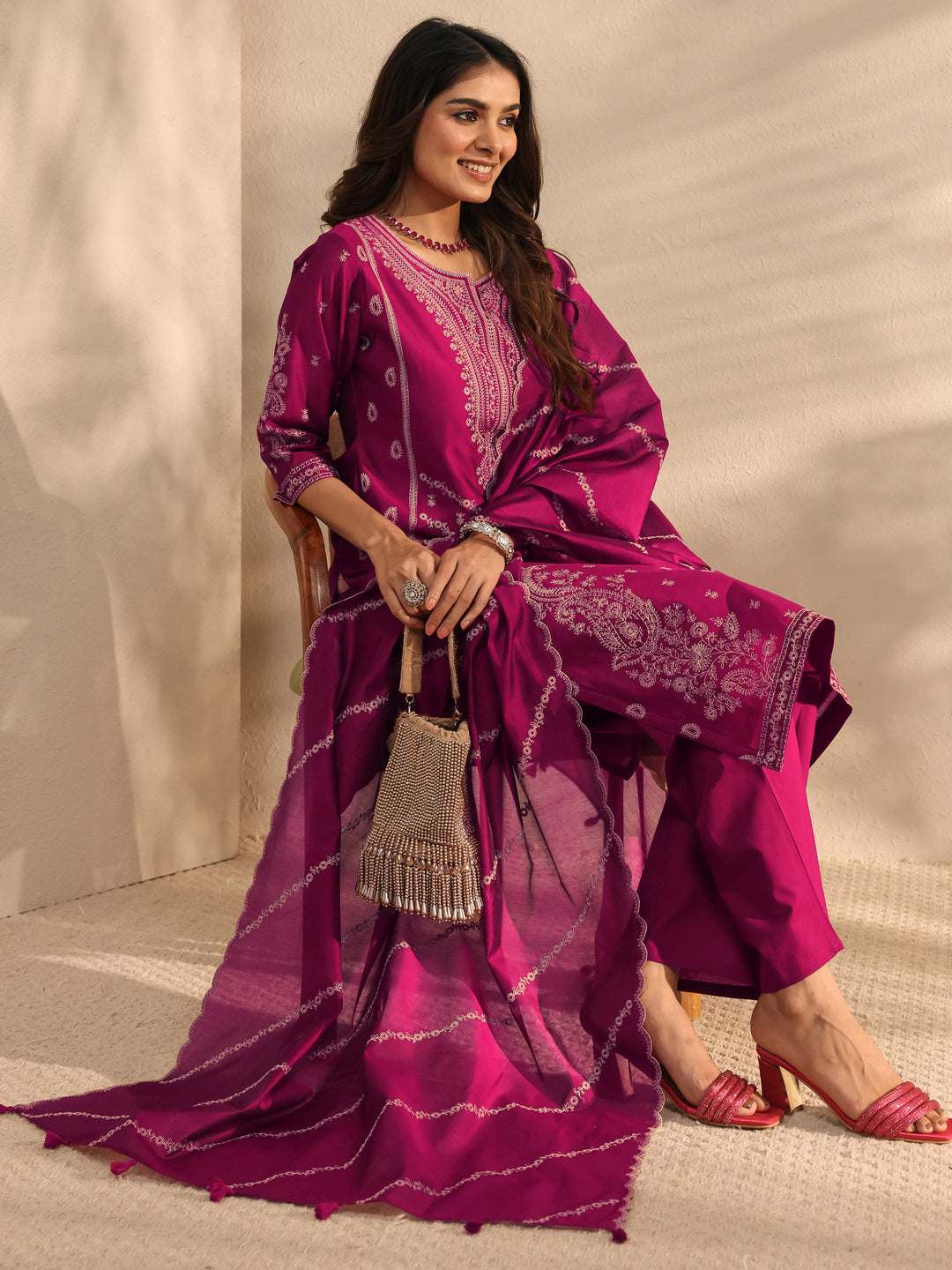 Libas Art Magenta Embroidered Silk Blend Straight Suit Set With Dupatta