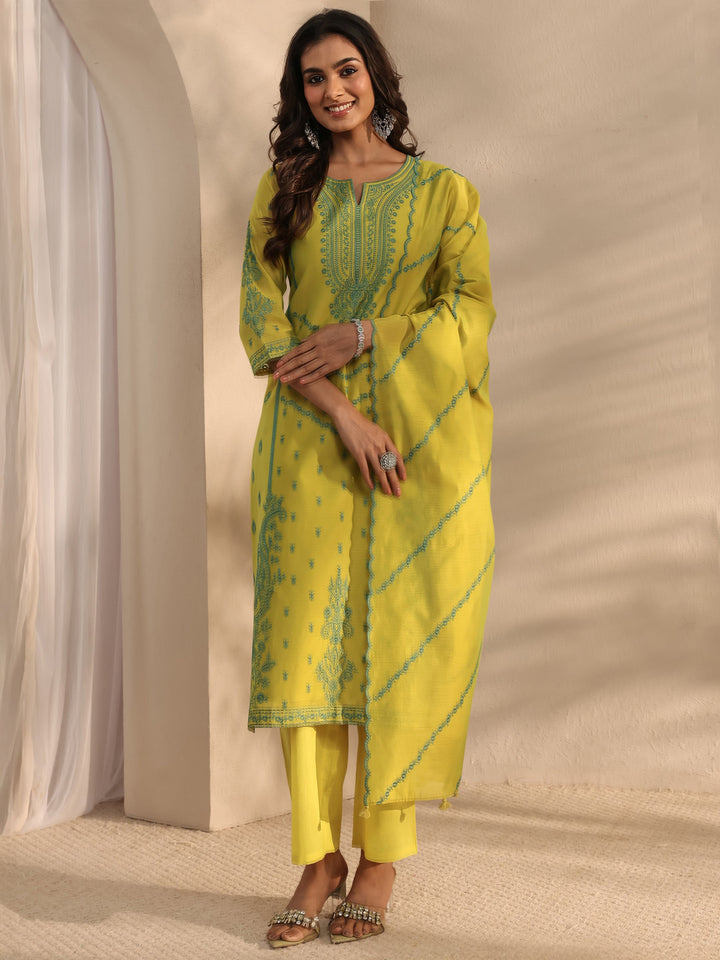 Libas Art Lime Green Embroidered Silk Blend Straight Suit Set With Dupatta