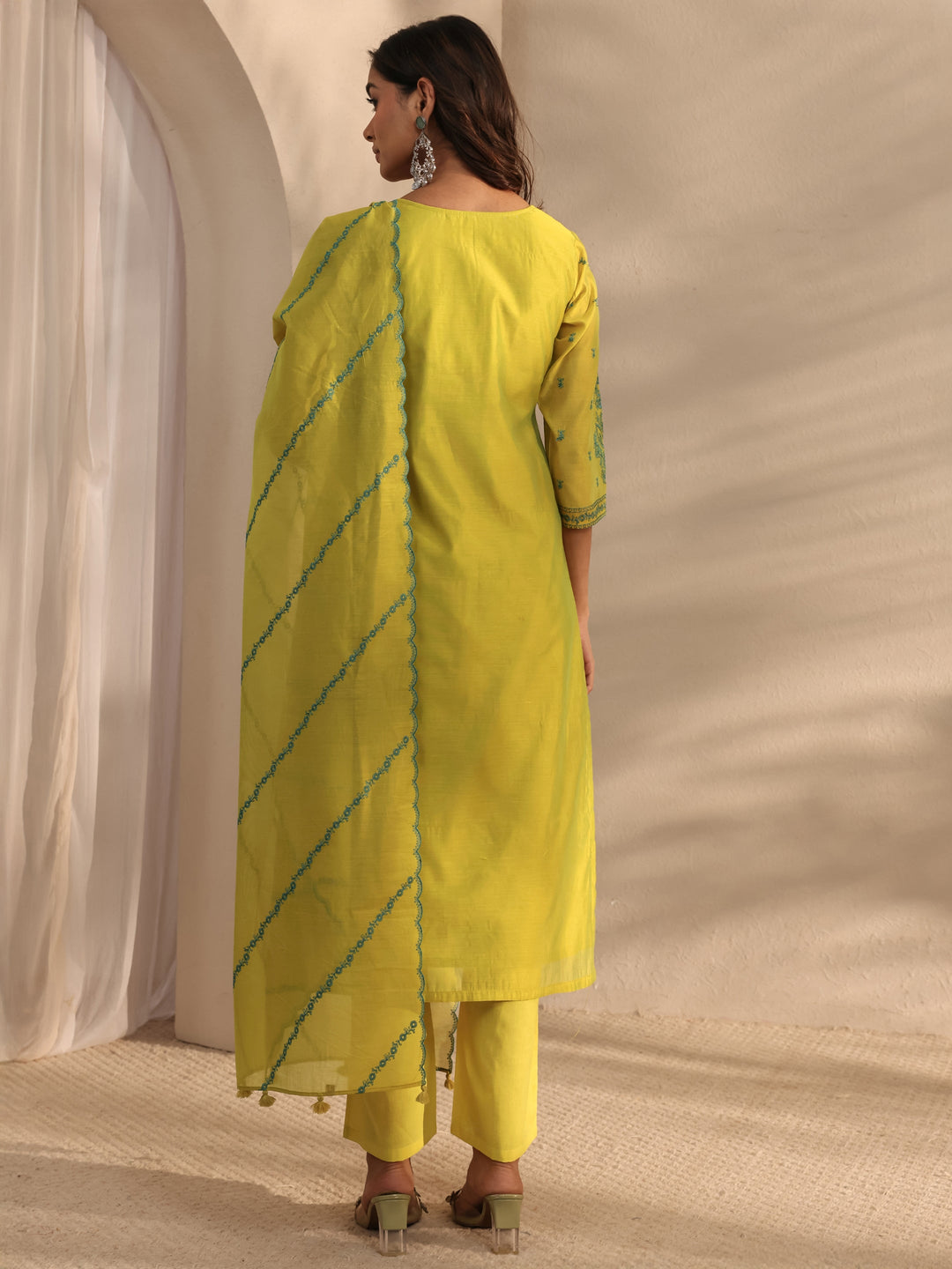 Libas Art Lime Green Embroidered Silk Blend Straight Suit Set With Dupatta